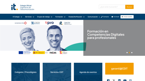 Official website of Colegio Oficial Ingenieros de Telecomunicación with digital skills training for professionals and navigation menu