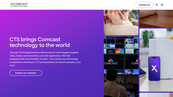 Comcast Technology Solutions homepage with headline about delivering global technology and a call to action button