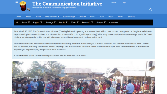 The Communication Initiative website with navigation menus, a notice about reduced platform activity, and a community gathering photo.