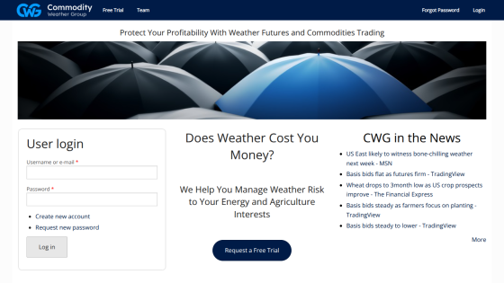 Commodity Weather Group homepage with login form, weather risk management message, news links, and request free trial button