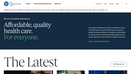 Homepage of The Commonwealth Fund highlighting affordable health care services.