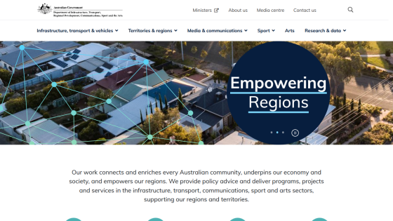 Australian Government Department of Infrastructure homepage with navigation and Empowering Regions hero section