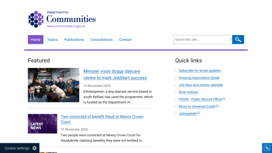 Department for Communities homepage with news articles and quick links, including a story about a doggy daycare and benefit fraud convictions.