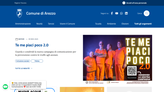 Comune di Arezzo website with news about anti-fraud campaign 'Te me piaci poco 2.0' and social inclusion and police tags