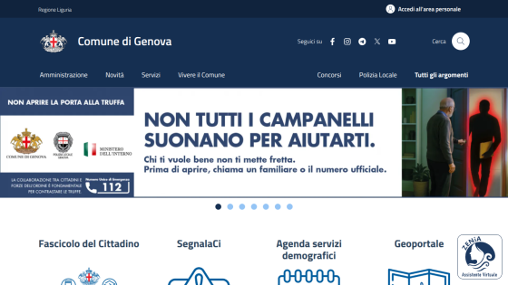 Comune di Genova website with navigation links and a public safety message about not opening the door to fraudsters