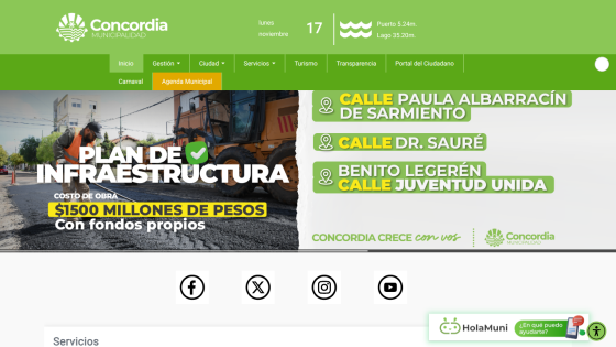 Municipal website showing infrastructure plan costing $1500 million pesos with street names and social media icons