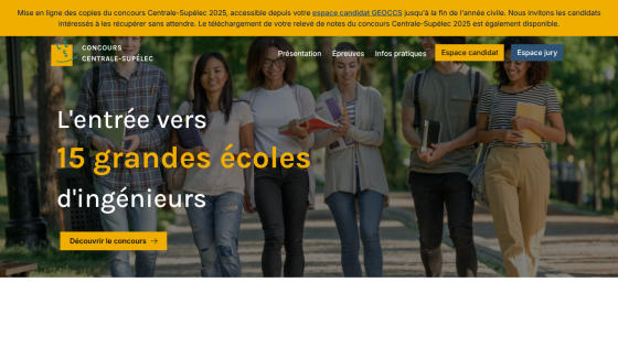 Homepage for Centrale-Supélec engineering school entrance exam with navigation and call to action to discover the contest.