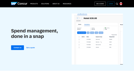 SAP Concur homepage with headline Spend management, done in a snap and call-to-action buttons Contact us and Get a quote