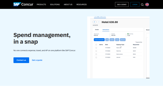 SAP Concur homepage with headline 'Spend management, in a snap', description, contact and quote buttons, and expense management screenshot