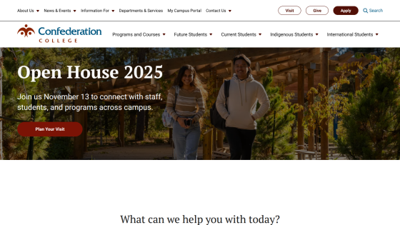 Confederation College homepage promoting Open House 2025 event with navigation menu and call to action to plan a visit.