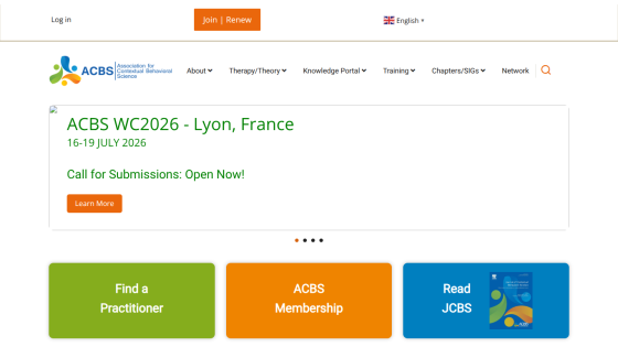 Association for Contextual Behavioral Science homepage with event announcement for ACBS WC2026 in Lyon, France and navigation options