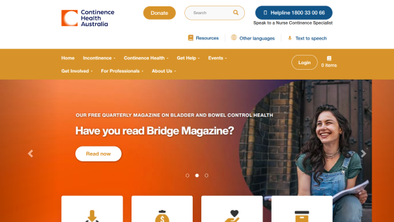 Continence Health Australia homepage with navigation, helpline, and promotion for Bridge Magazine on bladder and bowel control health