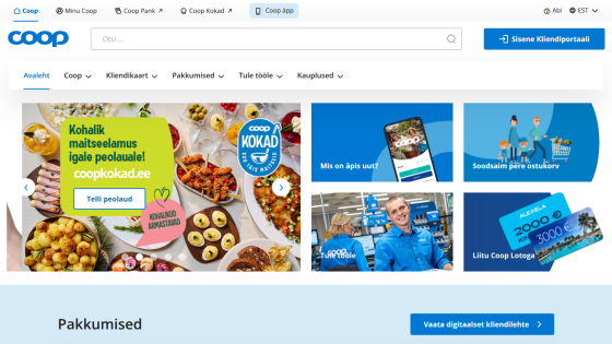Coop website homepage with navigation, search bar, promotional banners for local food experiences, app features, job opportunities, and Coop Lotoga lottery.