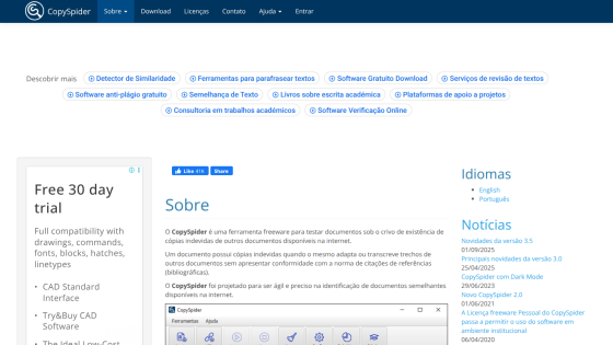 CopySpider website header and about section describing it as a freeware tool to detect unauthorized document copies online