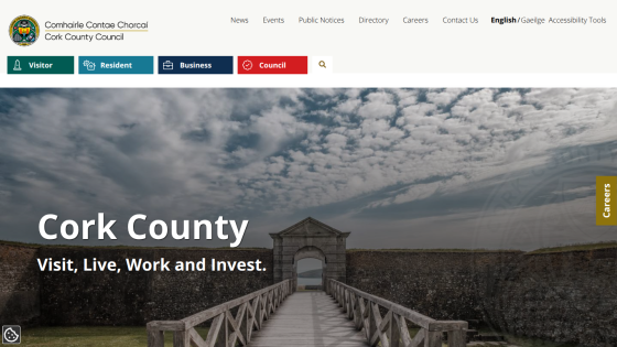 Cork County Council website header with navigation and hero image inviting to visit, live, work and invest in Cork County