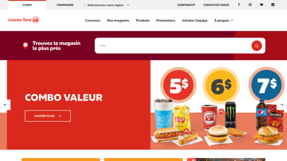 Couche-Tard website with navigation menu, store locator, and value combo meal offers priced at 5$, 6$, and 7$