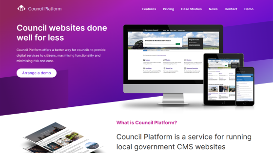 Council Platform homepage offering digital services for councils with a demo call-to-action and device display images