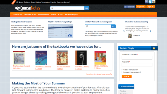 CourseNotes homepage offering free study guides, flashcards, and textbook notes with login and registration options