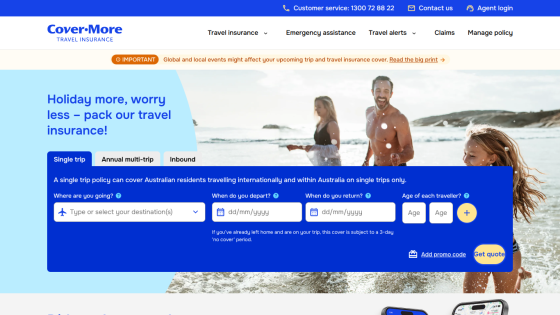 Cover-More travel insurance homepage with trip insurance quote form and beach photo of people enjoying water