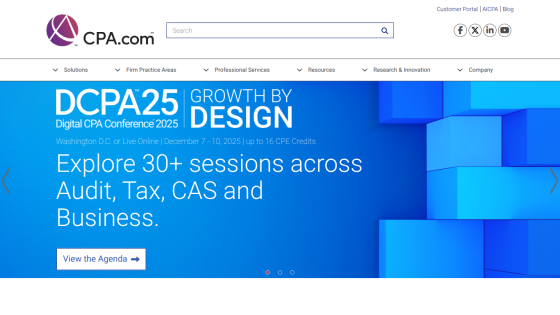 CPA.com homepage promoting Digital CPA Conference 2025 with event details and agenda link