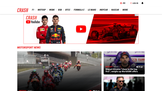 Homepage of Crash.net featuring motorsport news and a YouTube video link.
