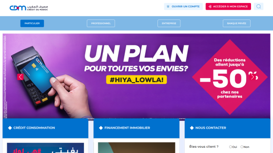 Credit du Maroc homepage with navigation tabs and a promotional banner offering up to 50% discounts with #HIYA_LOWLA plan