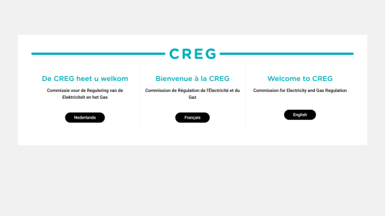 Welcome page of CREG with language options in Dutch, French, and English for electricity and gas regulation commission