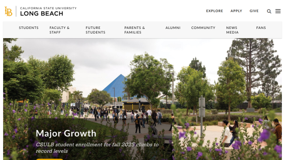 Homepage of California State University, Long Beach featuring a growth announcement and campus image.