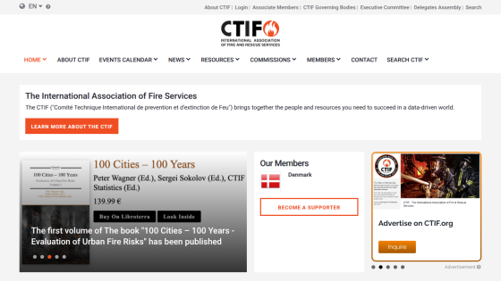 Homepage of CTIF, the International Association of Fire Services, featuring navigation menu, introduction text, and news about fire investigation meeting.