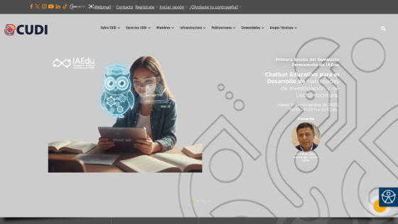 Educational chatbot seminar announcement with date, time, and speaker details on CUDI website