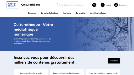 Culturethèque digital media library homepage of Institut français with navigation and sign-up invitation