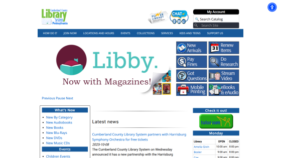 Cumberland County Library System homepage with navigation, Libby app promotion, service links, news, and hours