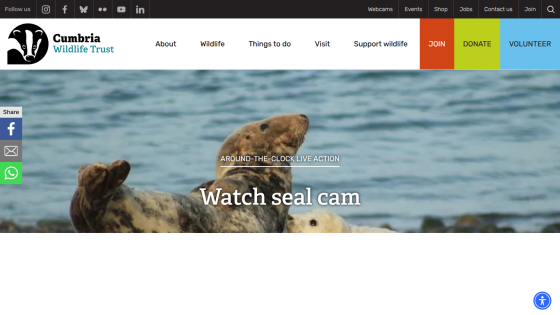Cumbria Wildlife Trust homepage with navigation and live seal cam hero section