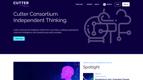 Cutter Consortium homepage with tagline Independent Thinking and a call to action to learn more