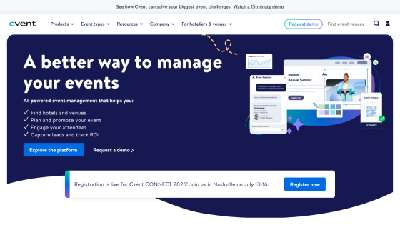 Cvent homepage promoting AI-powered event management with features and call-to-action buttons for exploring platform and requesting demo