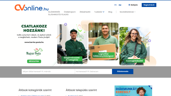 Job search website homepage with Magyar Posta career invitation and job search bar