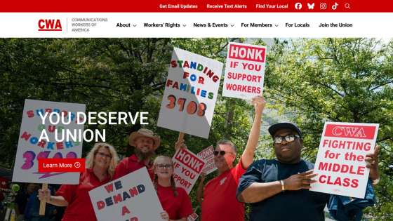 CWA website featuring a rally with signs advocating for union rights.