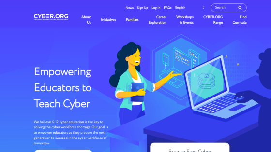 Cyber.org homepage empowering educators to teach cyber with navigation links and a digital illustration