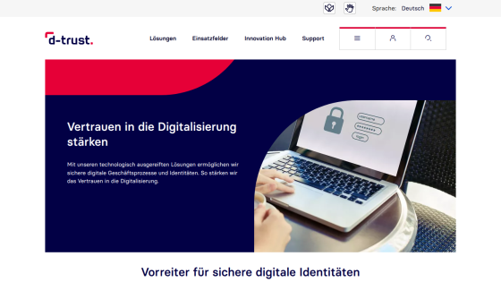 Website promoting digital trust solutions with a laptop and security icon.