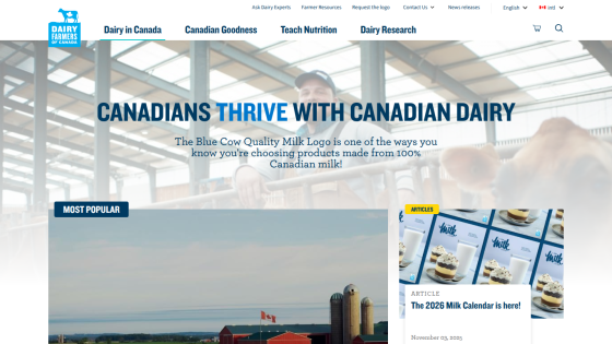 Dairy Farmers of Canada homepage highlighting Canadian dairy benefits and featuring popular articles and resources.