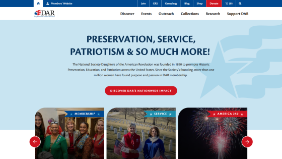 Homepage of DAR featuring a mission statement and navigation links.