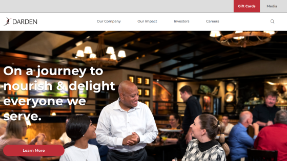 Darden's homepage featuring a dining scene with the tagline about nourishing and delighting customers.