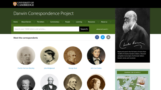 Darwin Correspondence Project homepage with search bar, navigation menu, and portraits of correspondents.
