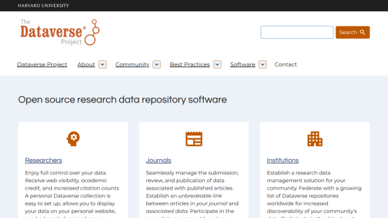 Harvard Dataverse Project homepage offering open source research data repository software for researchers, journals, and institutions