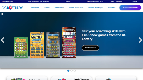 DC Lottery homepage featuring new scratch-off games and a call to action.