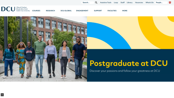 Postgraduate program promotion at DCU with diverse students walking on campus.