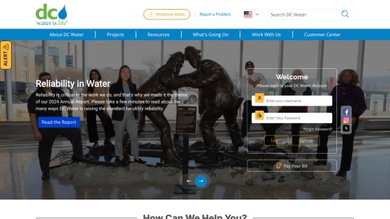 DC Water homepage featuring 2024 Annual Report theme 'Reliability in Water' with login and bill pay options
