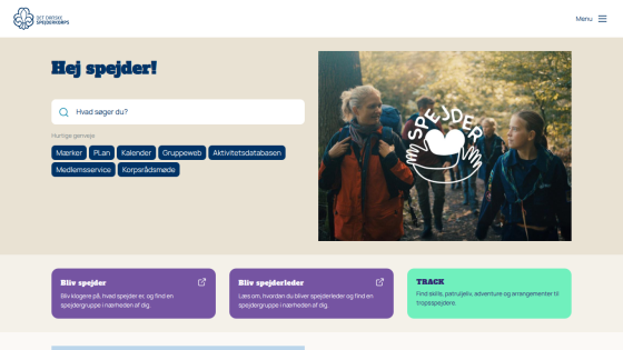 Danish Scout Corps homepage with search bar, quick links, and sections for joining scouts or leaders