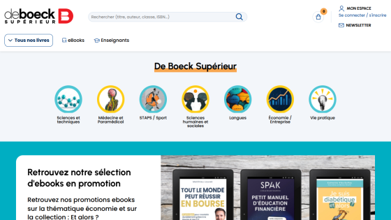 De Boeck Supérieur homepage with navigation, categories, and ebook promotions in French.
