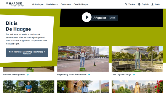 De Haagse Hogeschool homepage with navigation, introduction text, video play button, and study program categories